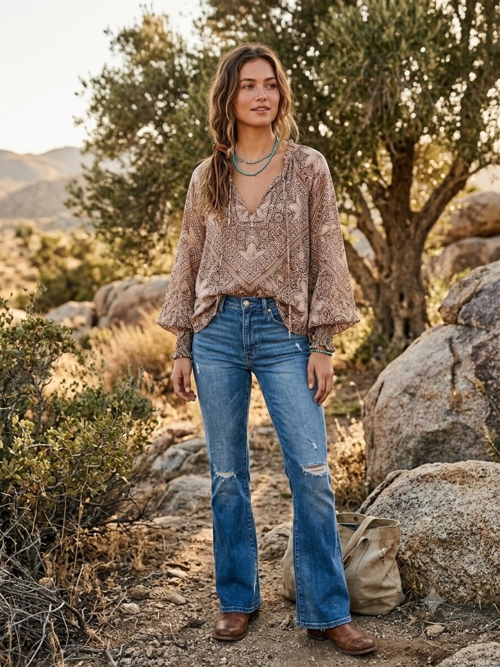 Free People Brown Patterned V-Neck Peasant Blouse